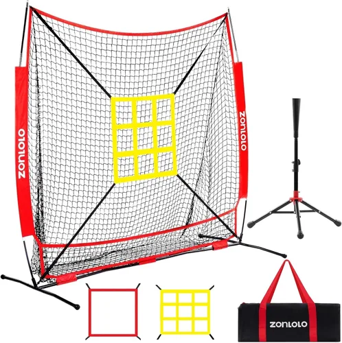 Vista 7 de ZONLOLO 6x6ft Baseball & Softball Net for Hitting,Pitching and Batting, Throwing,Baseball net with Sturdy Bow Frame,Battting Tee,Strike Zone, Middle