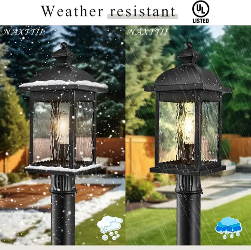 Vista 4 de Luz de poste al aire libre de aluminio para exteriores, con cable duro con vidrio ondulado de agua, acabado negro mate, 16 pulgadas de altura
