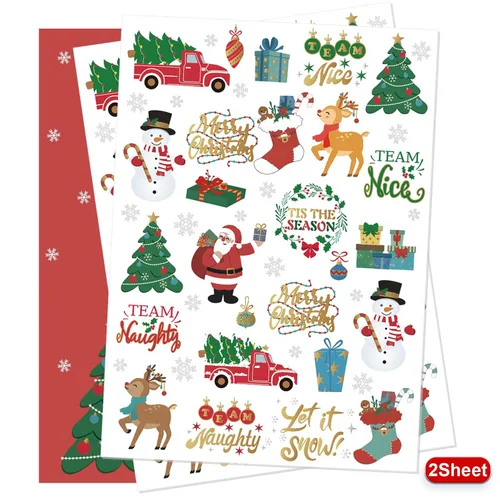 Vista 2 de Decoraciones de Navidad, tatuajes temporales, 52 estilos de purpurina para niños, equipo travieso, bonito recuerdo de fiesta de Navidad, árbol