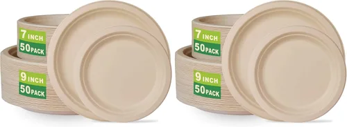 Vista 5 de GreenWorks Platos compostables resistentes de 7 pulgadas y 9 pulgadas (cada uno 50 unidades), 100 platos de papel desechables sin blanquear