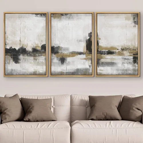 Vista 430 de SIGNFORD - Set de obras de arte en lienzo enmarcado para pared, ilustraciones abstractas de neblina del desierto en tonos neutros beige y marrón