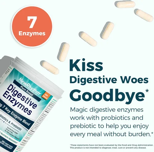 Vista 2 de NewRhythm Enzimas digestivas de 245 mg, con probióticos y prebióticos, a base de plantas, 7 enzimas clave, digestión, absorción de nutrientes