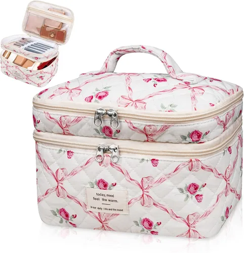 Vista 7 de Gosect Bolsa de maquillaje grande, bonita bolsa de cosméticos para mujeres y niñas, bolsa de aseo estética de coqueta floral, bolsa organizadora