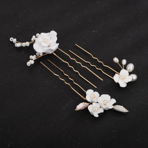 Vista 2 de Teyglen 3 horquillas para el pelo de boda, horquillas de flores para novia, flores y hojas, pinzas para el cabello de perlas para novia, accesorios