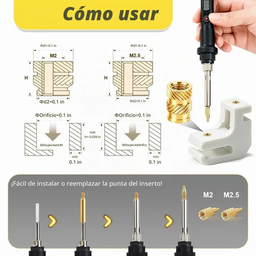 Vista 6 de 300 piezas de inserciones roscadas M2 M2.5 para plástico con puntas de ajuste térmico, kit de inserciones de ajuste térmico M2 y M2.5, inserciones