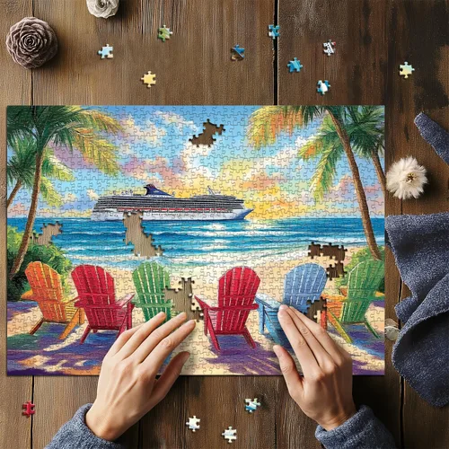 Vista 5 de PICKFORU Rompecabezas de playa para adultos de 1000 piezas, rompecabezas de verano con silla lounge de playa arcoíris, rompecabezas colorido