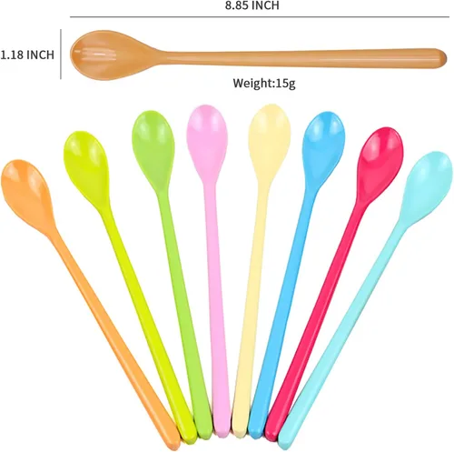 Vista 2 de Juego de 8 cucharas mezcladoras largas de melamina, cuchara de café con leche colorida, cuchara de helado de postre, cucharas de cóctel para postre