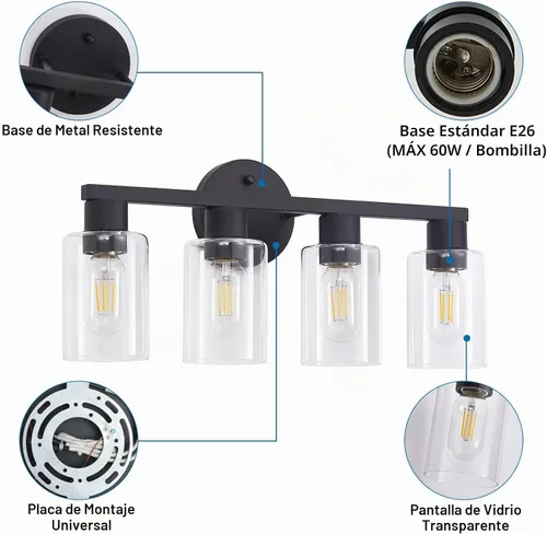 Vista 9 de Lámpara de tocador de baño de 4 luces, lámparas de baño negro mate con pantalla de vidrio transparente, 4 luces de tocador, accesorios