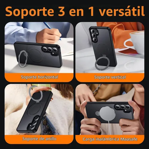 Vista 7 de Funda para Samsung Galaxy S24+ Plus, compatible con MagSafe, con soporte de anillo magnético giratorio de 360° [carga inalámbrica], soporte de Negro