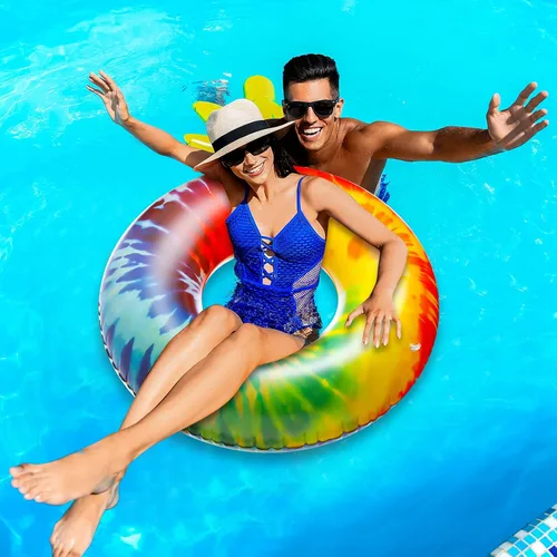 Vista 5 de Simgoing Flotadores inflables gigantes para piscina, flotadores de tubo de teñido anudado de 47.24 pulgadas, flotadores grandes y coloridos