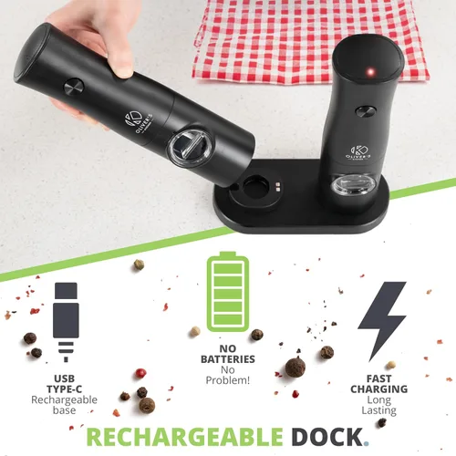 Vista 3 de Oliver's Kitchen ® Molinillos eléctricos de sal y pimienta, no requiere baterías con base USB-C recargable, fácil operación con 1 toque, grosor