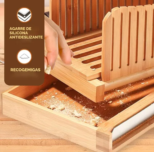 Vista 7 de Bambüsi Cortador de pan de bambú con cuchillo, grosor de 3 rebanadas, guía de corte compacta plegable con bandeja para migas, cuchillo de pan