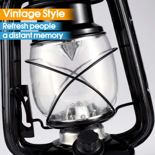 Vista 3 de Linterna vintage LED para huracanes, luz blanca cálida operada con batería, metal antiguo colgante con regulador de intensidad, 15 LEDs, 150 lúmenes