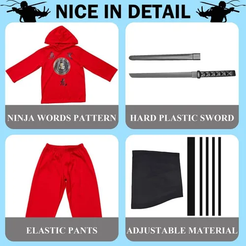 Vista 3 de Disfraz de ninja rojo de lujo con espada ninja de arma, capucha y pantalón para niños, cosplay de Halloween