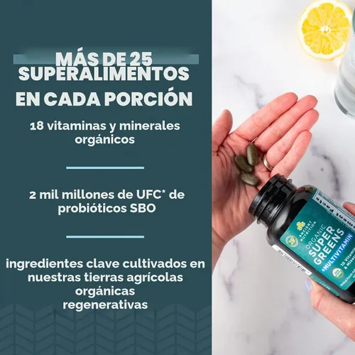 Vista 3 de Ancient Nutrition - Cápsulas multivitamínicas orgánicas Super Greens + probióticos