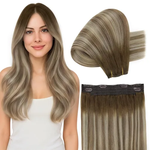 Vista 30 de Fshine - Extensiones de cabello con hilo invisible de 12 pulgadas, color rubio ceniza con reflejos de rubio decolorado, pieza de cabello humano real