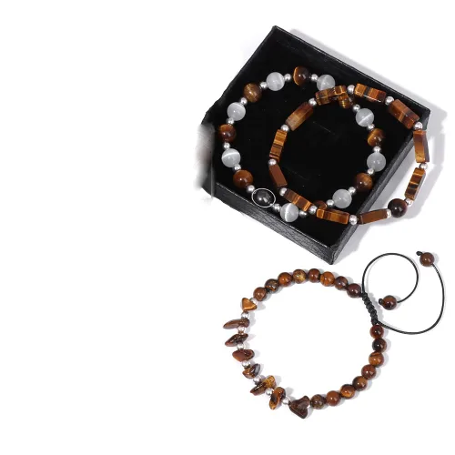 Vista 2 de Juego de pulseras con cuentas de ojo de tigre, hematita de piedra lunar, pulseras adelgazantes para mujeres y hombres, joyería de amatista, 7.5 in