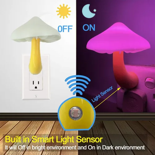 Vista 3 de [Paquete de 2 lámparas LED de noche de hongos con sensor de atardecer a amanecer, enchufable para cama LED, linda lámpara nocturna de hongos
