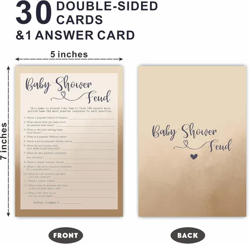 Vista 2 de Family Feud - Tarjeta de juego para baby shower, juego de relleno de doble cara caqui de 5 x 7 pulgadas para bebé, niño o niña, 30 tarjetas y 1