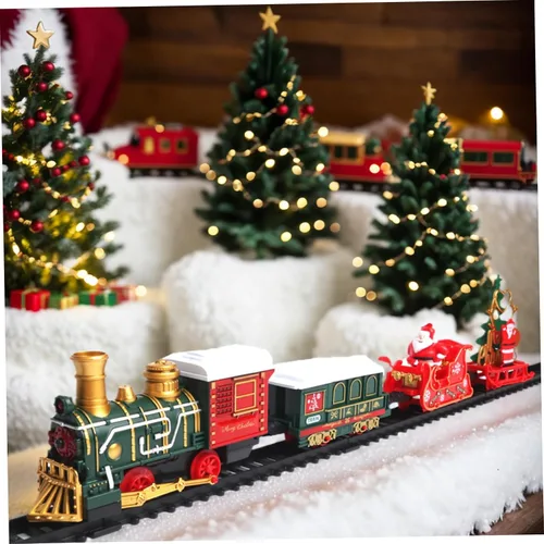 Vista 6 de Juego de tren eléctrico de 14 piezas para niños, luz y sonidos, tren de Navidad simulado con 4 carruajes, juegos clásicos de Navidad con pistas