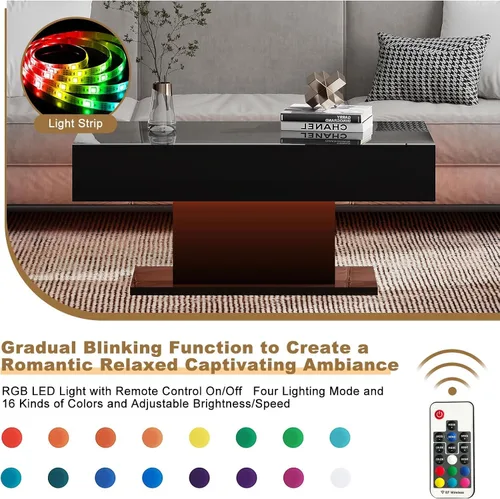 Vista 4 de HedoAjim - Mesa de café LED para sala de estar, mesa rectangular central de sala de estar, mesas de café modernas de madera con alto brillo y luces