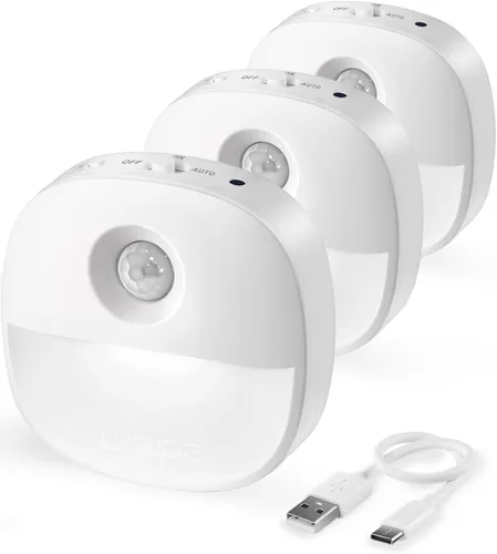 Vista 11 de Lyridz Luz nocturna recargable, luz nocturna con batería con sensor de movimiento, mini luz LED adhesiva, brillo regulable de 1-20 lm para baño