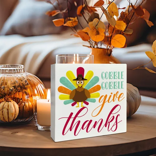 Vista 3 de Decoración de mesa de madera de Acción de Gracias, decoración de mesa de otoño con texto en inglés "Gobble Give Thanks", decoración de mesa de otoño