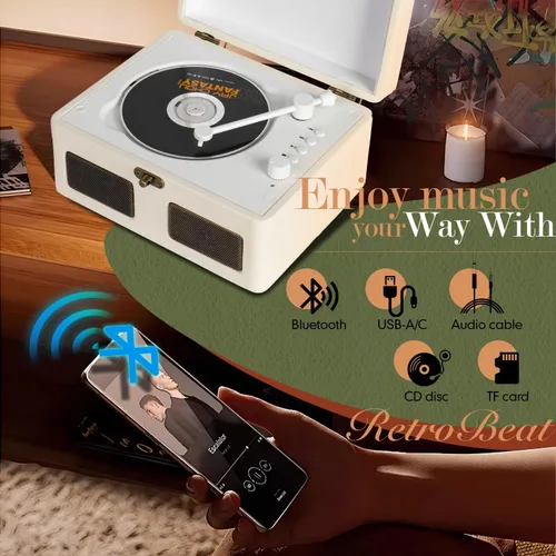 Vista 2 de RetroBeat Time Vintage - Caja de música portátil - CD con altavoces, transmisor Bluetooth, recargable, USB/AUX, regalo multimodo (blanco)