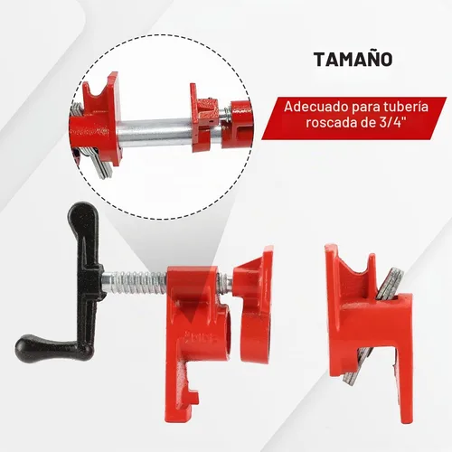 Vista 2 de Juego de abrazaderas para tuberías de madera de 3/4" con diseño de pie único rojo. Abrazaderas de barra resistentes de hierro fundido de liberación