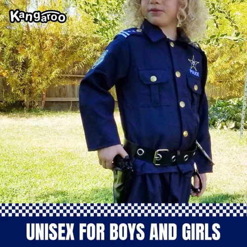 Vista 7 de Kangaroo Disfraz de policía para niños, sombrero de policía, camisa, pantalones, cinturón, funda y silbato, disfraz de policía para niños y niñas