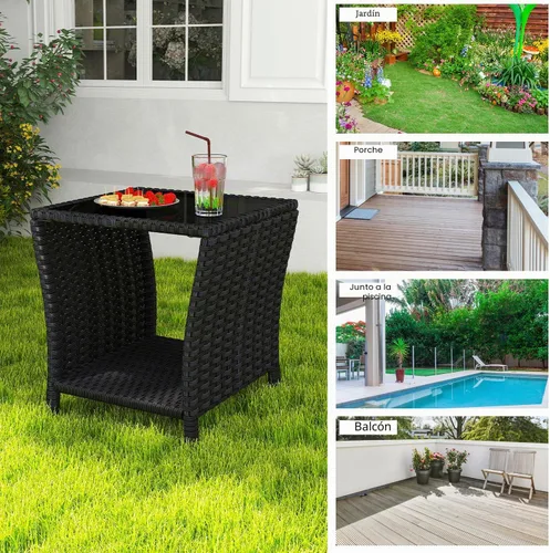 Vista 4 de kinbor Mesa pequeña para exteriores – Mesa auxiliar de mimbre para exteriores con estante de almacenamiento para patio, balcón y porche, ratán