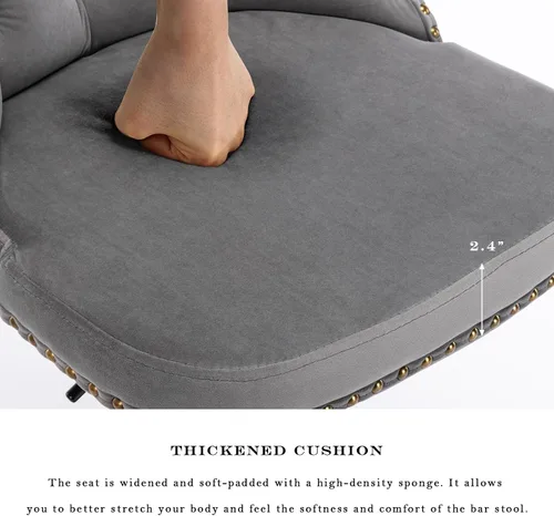 Vista 24 de SoarFlash Juego de 2 taburetes de bar tapizados de terciopelo moderno con patas de madera, botones acolchados, cabeza de clavo cromada, asiento