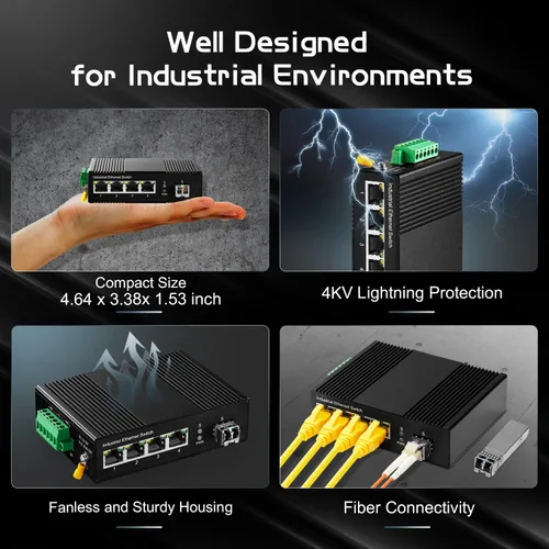 Vista 6 de Interruptor industrial Gigabit PoE de 5 puertos, IEEE802.3af/at Ethernet, 1 puerto SFP con módulo LC de 12.4 mi, aleación de aluminio IP40 -40 ~