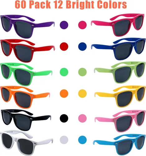 Vista 4 de Paquete de 60 lentes de sol de neón de 12 colores, regalos de fiesta, estilo de los años 80, coloridos juegos de gafas de sol de fiesta, perfectos