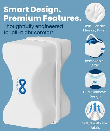 Vista 4 de Everlasting Comfort Almohada de rodilla de espuma viscoelástica para personas que duermen de lado, alivio del dolor de ciática, correa ajustable