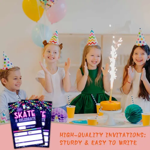 Vista 5 de Invitaciones de cumpleaños con sobres (paquete de 20), 4 x 6 pulgadas, estilo de patinaje sobre ruedas de neón, invitaciones para fiesta