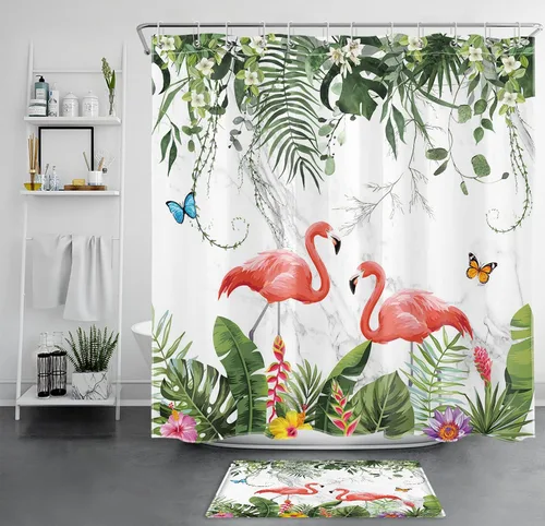 Vista 8 de EOBTAIN Cortina de ducha de hojas de plantas tropicales para baño, flamenco rosa y mariposa azul con hojas de palma en beige, cortina de ducha con 8