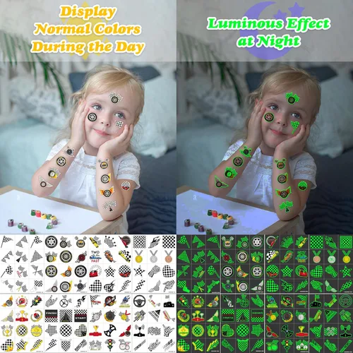 Vista 7 de 96 piezas de tatuajes temporales luminosos precortados con bandera a cuadros que brillan en la oscuridad para niños Recuerdos de fiesta