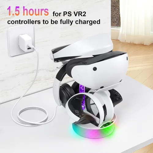 Vista 3 de Base de carga para PS5 VR2, PSVR 2, estación de carga con soporte de luz RGB de respiración para PSVR2, soporte de exhibición para PSVR2, accesorios