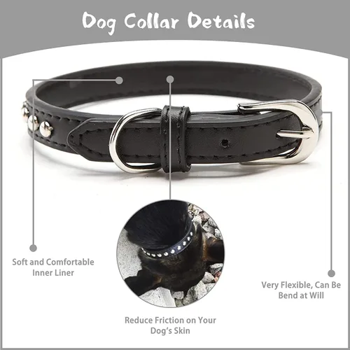 Vista 4 de BINGPET BA2006 Collar de cuero dividido con tachuelas para perro de piel auténtica, negro
