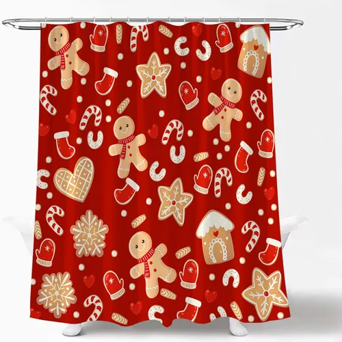 Vista 4 de Cortina de ducha de Navidad con diseño de galletas, lindo cratoon copo de nieve, vacaciones de invierno, feliz año nuevo, cortina de baño con gancho