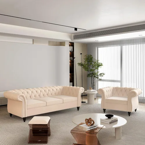 Vista 22 de QHITTY Juego de 2 piezas para sala de estar, Sofá Seccional Chesterfield Silla Contemporáneo Tapizado de Terciopelo Loveseat Juego de Sofás