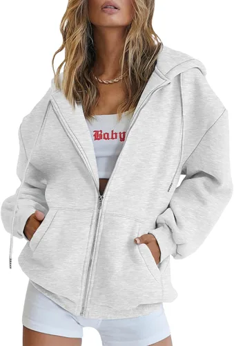 Vista 12 de EFAN Sudaderas con capucha lindas para mujer con cordón y cremallera, chaqueta de otoño de gran tamaño, sudaderas casuales con bolsillo Negro