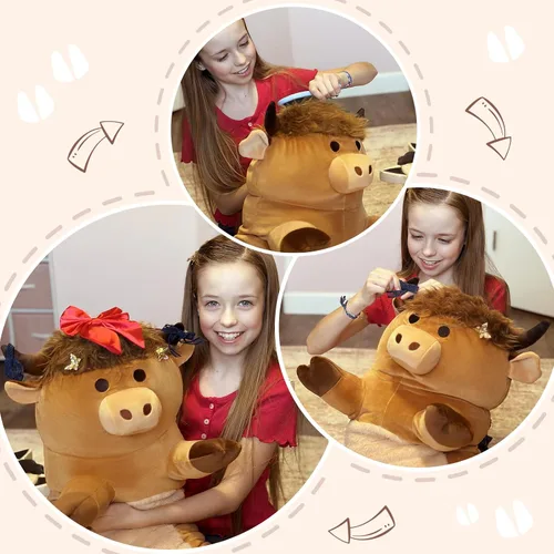 Vista 6 de Tezituor Lindo animal de peluche de vaca de las tierras altas de 43 pulgadas, almohada de felpa de vaca larga suave para niños y adultos, juguete