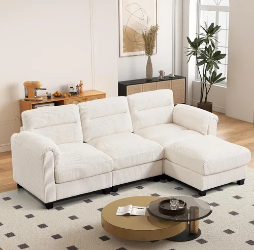 Vista 73 de HAOMARKETS Sofá esquinero modular en forma de L de 115 pulgadas con 2 otomanas móviles, sofás de pana de 8 plazas con cojín grueso para sala de Beige