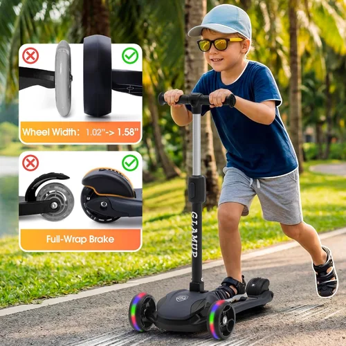Vista 4 de GLAMUP Patinete para niños de 3 ruedas, manillar ajustable en altura para niños, sistema de inclinación para dirección y mecanismo de fácil plegado