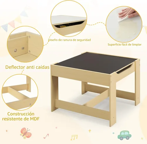 Vista 8 de Costzon - Juego de mesa y sillas para niños, escritorio de actividades multifuncional de madera para niños pequeños con mesa reversible, cajones