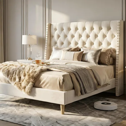 Vista 10 de Base de cama matrimonial con cabecera de almacenamiento con respaldo alado de 51.8 pulgadas, plataforma tapizada gris con estación de carga (tipo C)