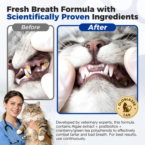 Vista 5 de Polvo dental para gatos, refresca el aliento, elimina la placa y el sarro, previene enfermedades de las encías, ingredientes totalmente naturales