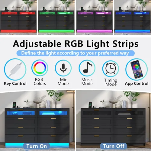 Vista 4 de Cómoda con 8 cajones con estación de carga, cómoda blanca para dormitorio con luces LED, cómoda moderna para armario, organizador de cómodas dobles